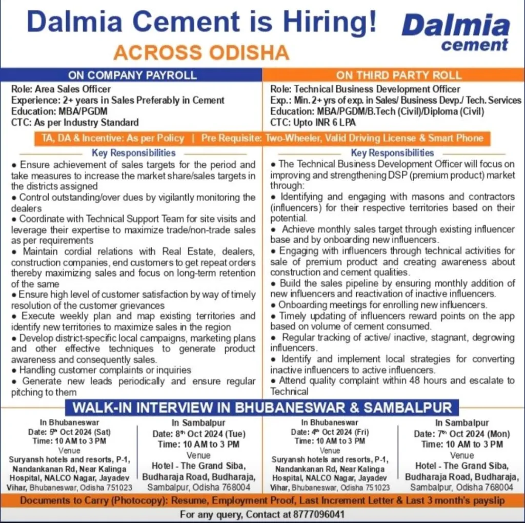 Dalmia Cement Ltd Hiring Civil Engineer